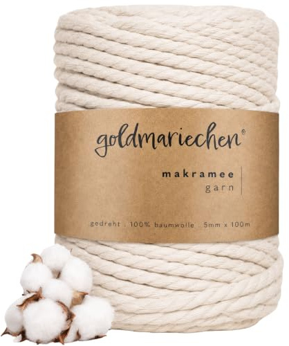 goldmariechen - Premium Makramee Garn (Naturell) 5mm x 100m - 100% Baumwolle - Makrameegarn Baumwollgarn für DIY-Deko Wandbehang, Blumenampel, Vorhang, Traumfänger, Schlüsselanhänger, Türvorhang