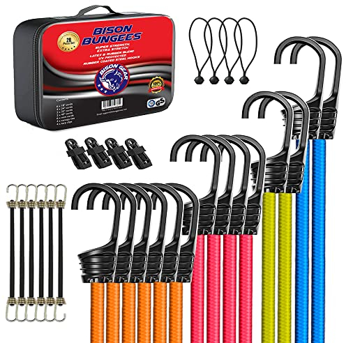 Bison Gear Premium Bungee Cords with Hooks - UV Resistant Heavy Duty Cords with Non-Scratch Hooks, Including Mini Cords, Tarp Clips and Bungee Ties, Multi Use (28 Piece Set)