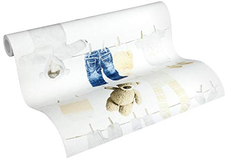 A.S. Création PVC-freie Vliestapete Little Stars Tapete mit niedlichen Teddybären 10,05 m x 0,53 m blau creme weiß Made in Germany 358441 35844-1
