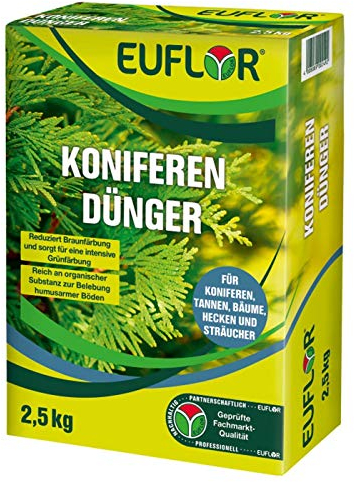 Euflor Koniferendünger 2,5 kg•Organisch-mineralischer NPK-Dünger 5+4+6 mit 4% MgO•Spezialdünger für alle Nadelgehölze • Mit hohem Anteil an Magnesium zur Blattgrünbildung • Beugt der Braunfärbung vor