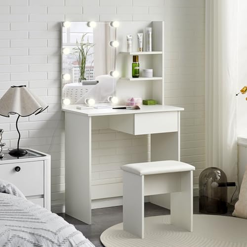 TUKAILAI Schminktisch mit Spiegel Weiß Kosmetiktisch Frisierkommode Frisiertisch Spiegel mit Hocker und Spiegelset 1 Schublade und Regal mit 2 Ebenen für Ablagecke für Schlafzimmer
