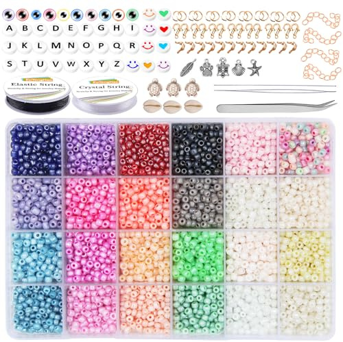 EuTengHao 6000 Stück Glassamenperlen Kleine Bastelperlen Kleine Perlen für DIY-Armbandketten Basteln von Schmuckherstellungszubehör mit zwei 0,8 mm Armbandschnüren (4 mm, 250 pro Farbe, 24 Farben)