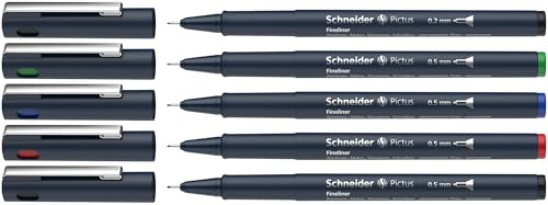 Schneider Pictus Fineliner (Strichstärken: 0,2 und 0,5 mm, dokumentenechte Pigmetliner, metallgefasste Spitze, Gehäuse aus 85% recyceltem Kunststoff) farbig sortiert, 5er Etui