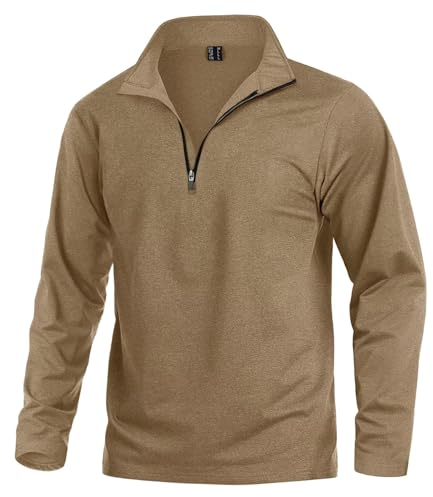 KEFITEVD Wandershirt Herren Langarm Atmungsaktiv Fleece Pullover mit Reißverschluss Kragen Ski Rolli Warm Outdoor Training Shirt Männer Frühling Top Khaki L