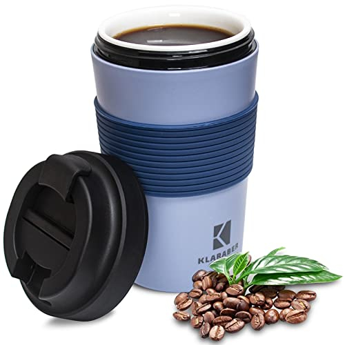 Klaraber Ceramic Travel Mug with Lid, Portable Porcelain Cup with Sleeve, Leakproof Ceramic Lined Coffee Cup Travel Mug, Reusable Coffee Cup, 350ml / 12oz(Blue)