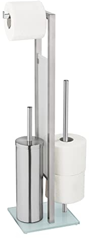 WENKO WC-Garnitur Mod. Rivalta, geschlossene Stand WC-Garnitur aus rostfreiem Edelstahl mit Glasplatten aus weißem Sicherheitsglas, mit WC-Bürste, Toilettenpapier- und Ersatzrollenhalter, Silber matt
