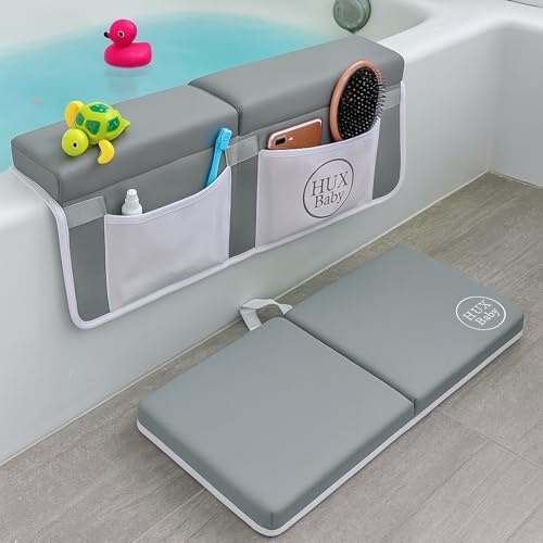 Comfortable Baby Bath Kneeler and Elbow Rest Pad Set, Non-Slip Bathtub Kneeling Pad for Bathing Baby, Bath Tub Cushion Mat, Elbow Pads, Toy Organizer Storage Pockets, Strong Suction Cups (Lua Gray)