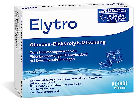 Elytro, Glucose-Mischung, bei akutem Durchfall, zum schnellen Ausgleich von Elektrolyt- und Flüssigkeitsverlust, ergänzende bilanzierte Diät, vegan, laktosefrei und glutenfrei, 10 Beutel