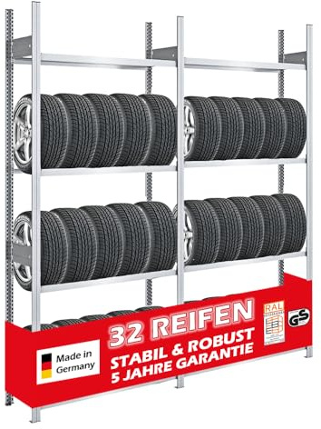 PROREGAL Reifenregal TIRE PRO Made in Germany | Komplettregal | HxBxT 250x200x43cm | 150kg Fachlast | bis zu 32 Reifen auf 4 Ebenen | Verzinkt | Reifenständer Garagenregal