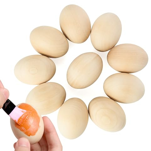 JOYIN Juego de 10 huevos de madera de Pascua, huevos de madera sin pintar de 6 cm, huevos falsos artificiales, adornos de madera para caza de huevos de Pascua, decoración del hogar, artes y