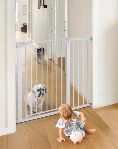 COMOMY Treppenschutzgitter Extra Hoch, 75-110 cm, ohne Bohren, Weiß | 91,5 cm hohes Stiegengitter Kinder, Babygitter Auto-Close, Stabiles Türgitter für Babys, Kinder, Hunde und Katzen, Metall