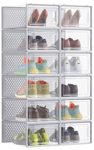 SONGMICS Shoe Boxes, 12 pcs Stackable, Fit up to UK Size 8, Dove Grey | Foldable and Versatile for Sneakers,Shoe Storage Organisers,DENNYS Collection LSP006G12