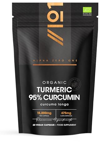 Organic Curcumin 95% with Black Pepper – 475mg Curcuminoids – 60 Vegan Capsules – High Strength Turmeric Supplement – 2 Months Supply by Alpha01