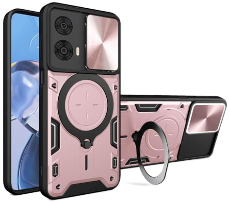 BORYA Funda para Motorola Moto G24 4G/Moto G04, Silicona Delgada Antigolpes PC+TPU Carcasa, Anticaída Estuche. Caso con Soporte Metal Magnético Anillo y Cubierta Cámara Cubrir. Oro Rosa