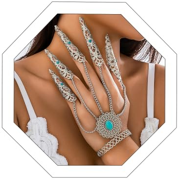 Hanfluenve - Anillo gótico con punta de dedo para mujeres y niñas, anillo de uñas punk vintage con patrón hueco con cadena, joyería para cosplay, fiesta dramática, Hierro, Sin piedras preciosas