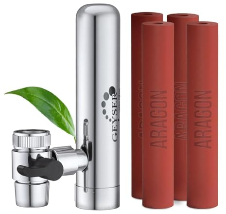 GEYSER EURO Wasserfilter für Wasserhahn Küche Armatur, für Leitungswasser mit Karutschen aus Einzigartigem Material Aragon: System mit 1 vorinstallierter Kartusche + 3 Zusätzlichen Kartuschen