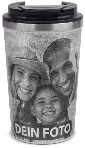 Tassendruck Becher bedrucken in Glitzeroptik - Glitzernder Mehrwegbecher bedrucken mit Deinem Foto - Nachhaltiger Kaffeebecher | Doppelwandiger Edelstahl, Silber, 350 ml