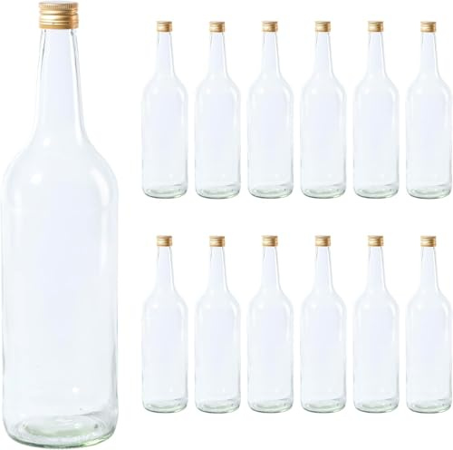 Vitrea 12 leere Glasflaschen 1 Liter Schraubverschluss Gold - große Flaschen zum Befüllen mit Deckel - für Wein, Saft, Getränke, Likör, Öl, Saucen - 12 Stück, PP28, Gradhals