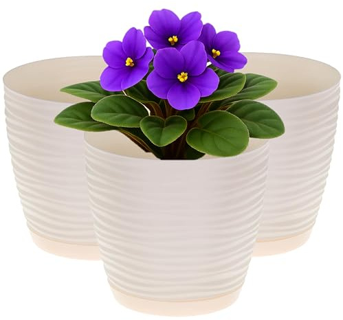 Home Garden Ornaments Blumentopf Übertopf Set 3er Kunststoff Ø 13 cm Creme – Pflanztöpfe mit Drainagelöchern & integriertem Untersetzer, Wellenstruktur, für Innen & Außen