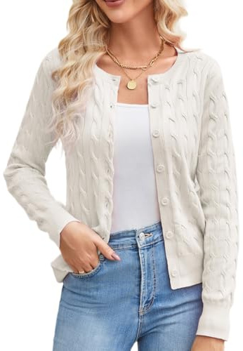 Casual Cardigan Sweater Crew Neck Long Sleeve Lightweight Cropped Cardigans Elegant Short Cardigan Tops M White