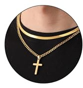 Fehki Men's necklaces,2PCS Stainless Steel Cross Necklace for Men,Silver/Gold/Black Sturdy Cuban Snake Chain Necklace Jewelry Gifts for Men Teen(16inch/18inch, Gold)