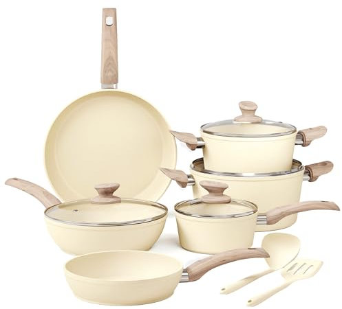 Kitchen Academy Ensemble de casseroles et poêles à induction antiadhésives – 12 pièces beige antiadhésives – Batterie de cuisine en granit