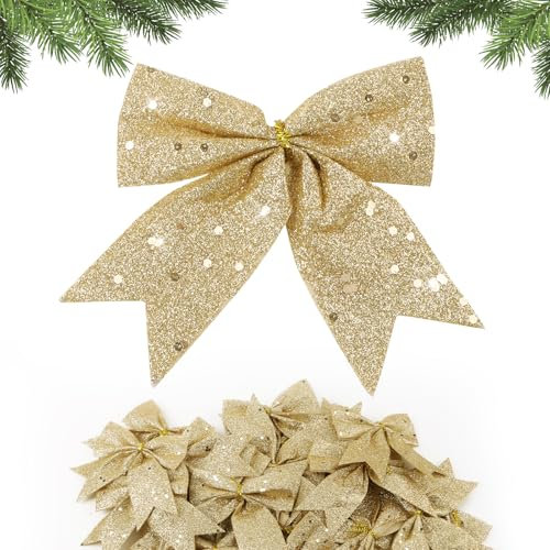 BETESSIN 24pz Fiocchi Natalizi Glitter Fiocco Oro Decorativo Paillettes Decorazione Albero di Natale Porta Ghirlanda Natalizia Addobbi Decorazione per Porta Casa Regalo Fai da Te