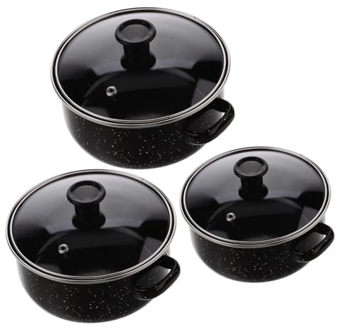 LABRIMP Enamel Mini Soup Pot Set 3pcs Vintage Small Stock Pot Dual Handles Coffee Color Kitchen Cooking Pans for Household Stew and Noodle Cooking