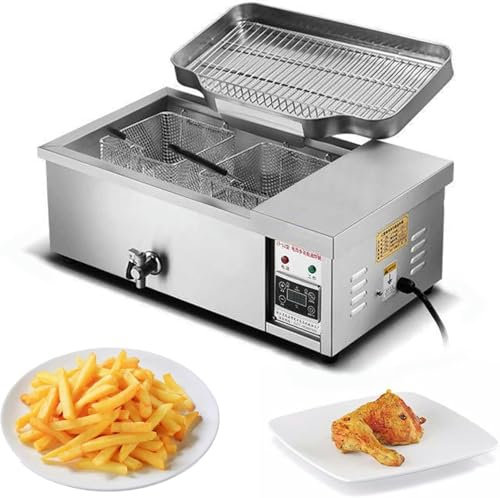 LYJYUJIE Freidora eléctrica Comercial 3000W 12L de un Solo Tanque freidora de virutas de Acero Inoxidable encimera Cocina freidora con cestas, Tapas~/