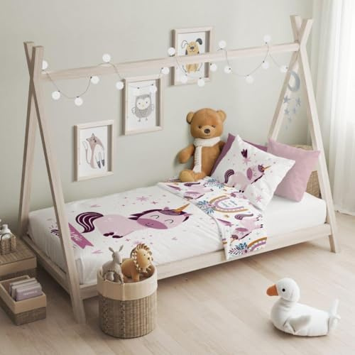 texpot Kinderbettwäsche Set 100 x 135 + 40 x 60 cm Motiv Einhorn 100% Baumwolle Reißverschluss pflegeleicht