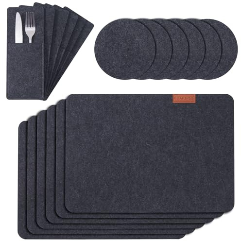 Seaforie Tischsets abwaschbar, 18er Set Platzset inkl. 6xTischset, 6xGlasuntersetzer&6xBestecktaschen, 3mm Dicke rutschfeste Tischunterlage aus Filz, Hitzebeständig bis 100°C für Esstisch & Küche,