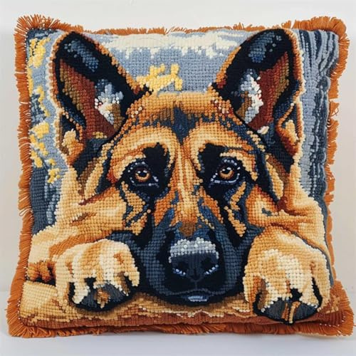 Kitquiver Kit De Crochet À Loquet Coussin Point Noué Berger Allemand Animal Kits De Crochet À Nouer Diy,Coussin,Broderie,Kit De Couture Pour Adultes Débutants B 17x17In