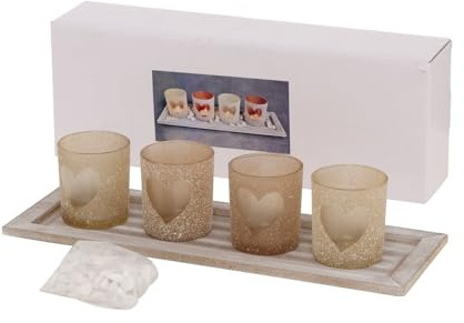 mucHome Teelichthalter-Set mit Herzmotiv 4 Gläser mit Tablett Frosted-Glas-Design Weiße Dekosteine Romantische Tischdekoration