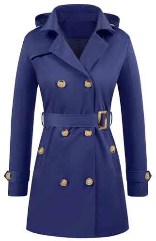 Tuopuda Women's Waterproof Trench Coat Double-Breasted Classic Lapel Overcoat Belted Slim Fit Jackets Outerwear Coat with Detachable Hood