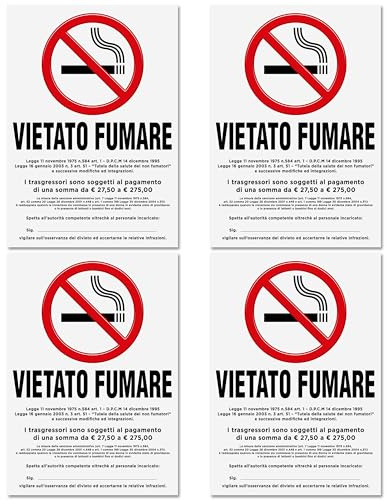 4 Adesivi VIETATO FUMARE Grandi con Normativa | Dimensioni cm 15x21 | No Smoking | Divieto di Fumo | Adesivo Resistente per Interno ed Esterno | 4 pz