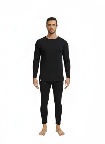 Thermal Underwear for Men Base Layer Cotton Long Johns High Weight Blended Fleece Lined Set for Cold Weather​​ (Large) Black