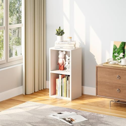 Nordivale Bookcase, White Narrow Bookcase, Small Display Book Shelf, Cube Storage Unit for Living Room, Bedroom,Office, 2 Tiers, 1 Pack