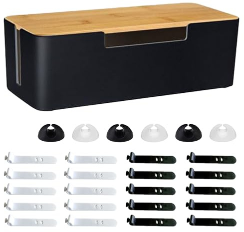 Caja Organizadora de Cables, 30x13x10cm Caja Organizadora de Cables Multifuncional con Tapa de Madera, Correas y Soportes de Fijación de Cables, para Almacenar Cables, Negro