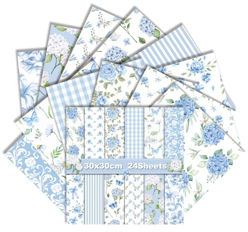 12x12 Inch Floral Scrapbook Paper, Double Sided 24 Sheets (Blue Hydrangea) | Printed Decorative Craft 30x30cm, Papers Supplies for Card Making, Journaling, Photo Album