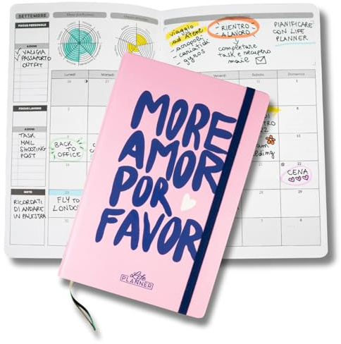 Life Planner, Agenda Motivazionale Made in Italy, Agenda 16 Mesi, da Settembre 2025 a Dicembre 2026, Planner Settimanale e Mensile, Spazi Dedicati a Pensieri e Riflessioni (More Amor)