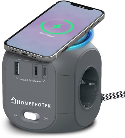 HOMEPROTEK Ciabatta Multipresa Con USB : Power Cube Con Caricatore Wireless, 3 Prese AC, 2 Porte USBC, 1 Porta USBA, Interruttore - Ciabatta Elettrica Compatta e Versatile per Casa e Ufficio - Grigio