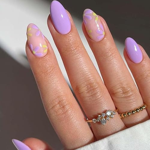 24-Piece Short Square Press-On Nails, Lilac Nude Floral Petal Design | Full-cover pre-shaped tips, glossy pastel finish, easy application, for daily wear, parties and special occasions
