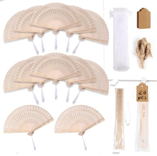 LALAGO 25 Stück Handfächer Bambus, Holzfächer, Fächer Hochzeit -Natur | Hochzeitsfächer, Vintage Fächer Holz Klein, Taschenfächer, Faltfächer Gastgeschenk für Hochzeit Sommer Party mit Beutel