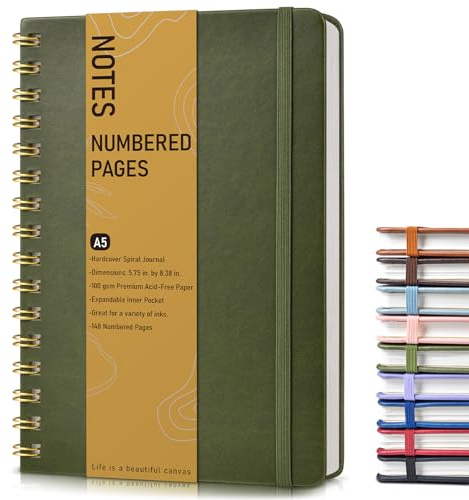 Générique Cahier à spirales ligné, cahiers à spirales à couverture rigide A5 pour femmes et hommes, carnet à spirales de 150 pages numérotées, prise de notes 5,75 po x 8,38 po, vert olive