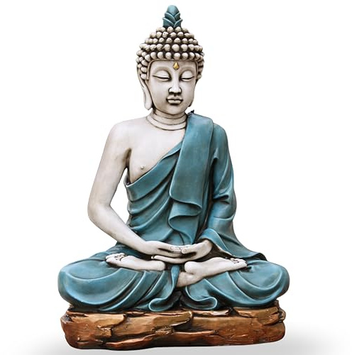 Garden Pley - Buda Grande Sereno 73 cm para Jardín, Acabado Celeste | Budas grandes de jardin fabricados en piedra artificial, ideales como budas decorativos para exterior