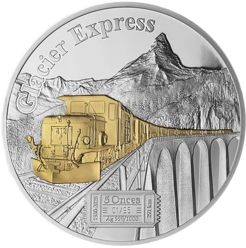 DEUTSCHER MÜNZEXPRESS Glacier Express | Kamerun | Feinsilber | Sammlermünze | Mit 24k Gold veredelt | 5 Unzen schwer | In Etui | Mit Echtheitszertifikat