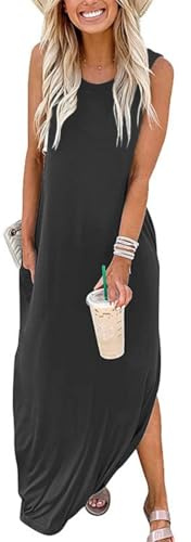 Sxkayxr Vestidos Largos Verano Mujer 2025 Elegantes Vestido Camisero Mujer Maxi Vestidos Playa Sin Mangas con Bolsillos
