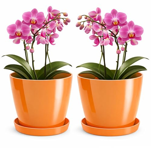 PECZEKO Blomkruka med glans, blomkruka i plast, dekorativ kruka för stora och små växter, set med 2 krukor med underlägg, blomkruka för örter, orange, ø 20 cm