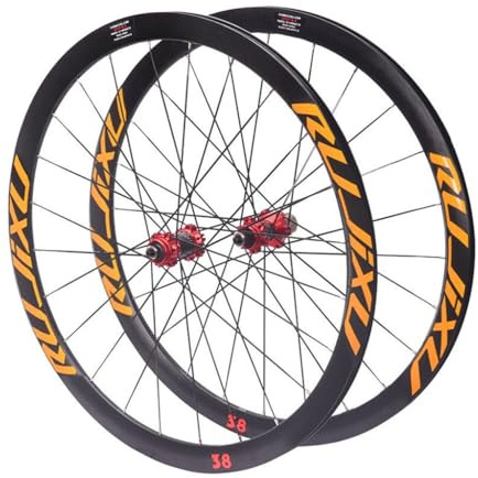 700C Aluminiumlegering Landsvägscykelhjulsats 38mm Cykelfälg Centerlås Skivbroms Tätat Lager, 8-9-10-11 Hastighetskassett, 100/135mm Snabbkopplingshjul F/V 2095g(Yellow-red)