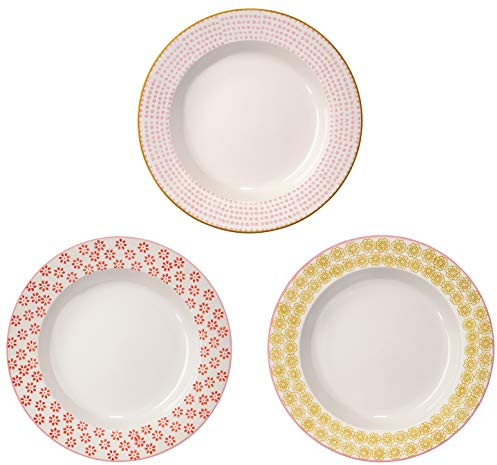 Bloomingville Piatto fondo Susie Retro piatto profondo Vintage grande Ø 24 x H 4 cm, ocra rosso rosa, ceramica, set da 3 pezzi, capacità circa 400 ml